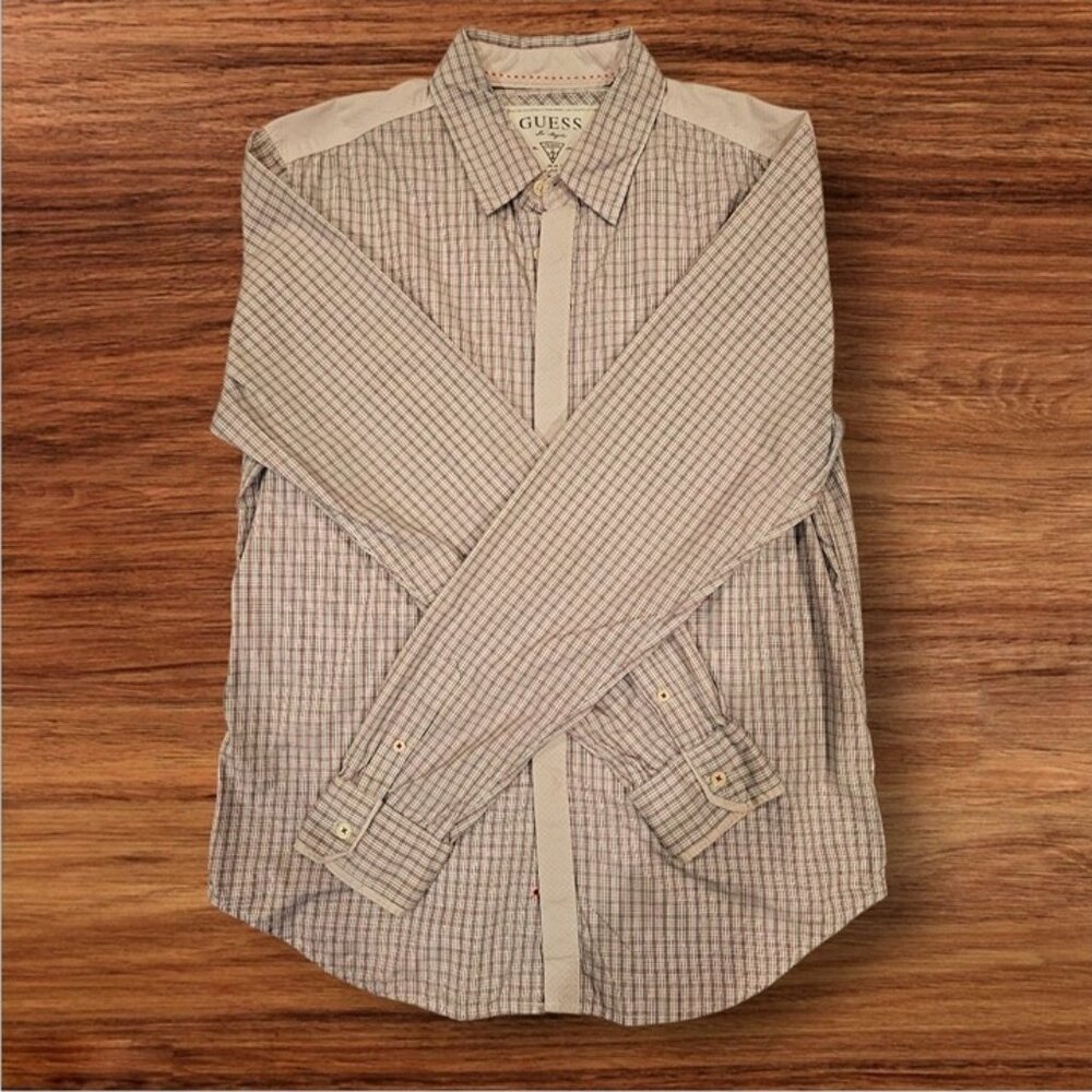 Guess Beige & Red Plaid Mens Button-Up Shirt Medium 100% Cotton Long Sleeve Clas